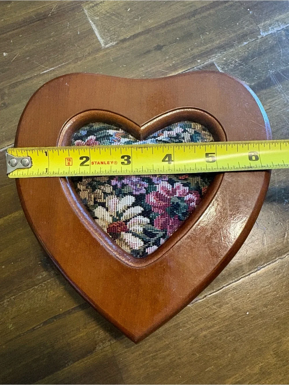 Vintage Heart Shaped Wood Jewelry Box Tapestry Velvet Mirror Grandma Granny